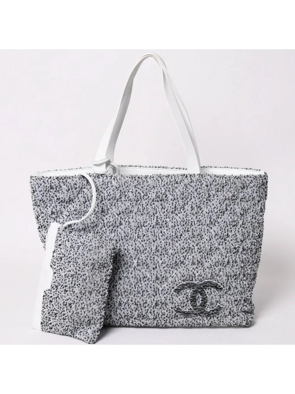 Chanel Cruise Collection Pile Beach Terry Cloth CC Logo White Gray Tote Bag